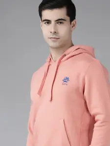 U.S. Polo Assn. Men Peach-Coloured Solid Hooded Sweatshirt