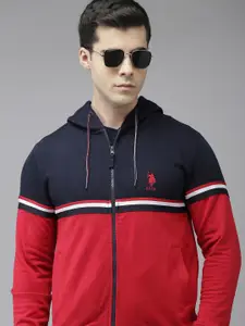 U.S. Polo Assn. U S Polo Assn Men Navy Blue & Red Colourblocked Hooded Sweatshirt