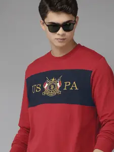 U.S. Polo Assn. U S Polo Assn Men Red Brand Logo Printed Colourblocked Pure Cotton Sweatshirt