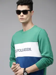 U.S. Polo Assn. Men Sea Green & Blue Colourblocked Sweatshirt