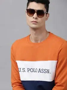 U.S. Polo Assn. Men Orange & Navy Blue Colourblocked Sweatshirt