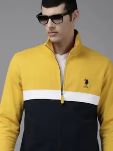 U.S. Polo Assn. Men Yellow & Navy Blue Colourblocked Pure Cotton Sweatshirt