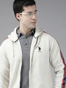U.S. Polo Assn. U S Polo Assn Men Off White Brand Logo Embroidered Hooded Sweatshirt With Side Stripes
