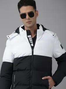 U.S. Polo Assn. U S Polo Assn Men White Black Colourblocked Padded Jacket With Detachable Hood