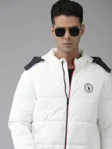 U.S. Polo Assn. U S Polo Assn Men White Solid  Padded Jacket With Detachable Hood