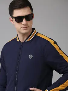 U.S. Polo Assn. U S Polo Assn Men Navy Blue Solid Stand-Collar Bomber Jacket With Side Stripes