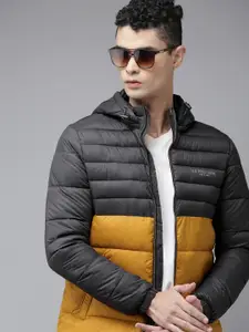 U.S. Polo Assn. U S Polo Assn Men Navy Blue & Mustard Yellow Colourblocked Puffer Jacket