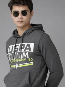 U.S. Polo Assn. Denim Co. Men Charcoal Grey Melange Brand Logo Print Hooded Sweatshirt