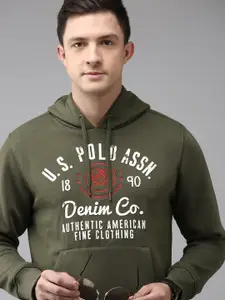 U.S. Polo Assn. Denim Co. Men Olive Green Brand Logo Printed Hooded Sweatshirt