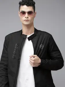 U.S. Polo Assn. Men Black Solid Biker Jacket with Minimal Brand Logo Print