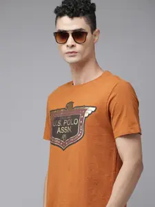 U.S. Polo Assn. Denim Co. U S Polo Assn Denim Co Men Orange Brand Logo Printed Pure Cotton Slim Fit T-shirt