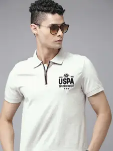 U.S. Polo Assn. Denim Co. U S Polo Assn Denim Co Men White Embroidered Polo Collar Pure Cotton Slim Fit T-shirt