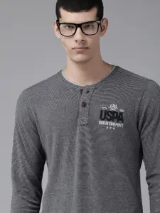 U.S. Polo Assn. Denim Co. U S Polo Assn Denim Co Men Charcoal Grey Embroidered Henley Neck Pure Cotton Slim T-shirt