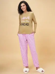 Dreamz by Pantaloons Women Khaki & Pink Printed Night suit