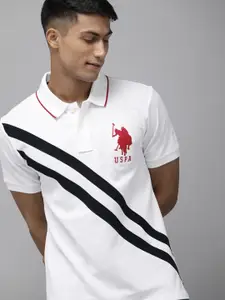 U.S. Polo Assn. U S Polo Assn Men White & Red Brand Logo Embroidered Pure cotton Polo Collar T-shirt
