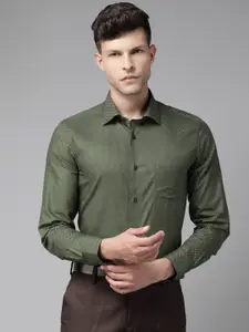 Blackberrys Men Olive Green & White Slim Fit Printed Pure Cotton Formal Shirt
