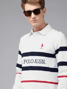 U.S. Polo Assn. U S Polo Assn Men White & Navy Blue Striped Polo Collar Pure Cotton Slim Fit T-shirt
