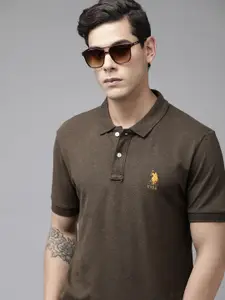 U.S. Polo Assn. Men Brown Melange Solid Polo Collar Bamboo Blend Slim Fit T-shirt