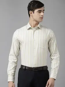 Blackberrys Men Beige & White Pure Cotton Slim Fit Striped Formal Shirt