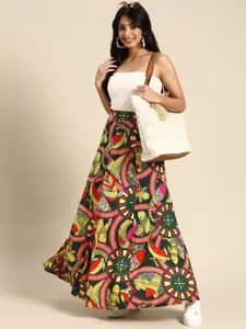 Sangria Women Green & Yellow Ethnic Print Flared Maxi Skirt
