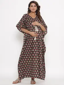 Ikk Kudi by Seerat Black Printed Pure Cotton Maternity & Nursing Kaftan Maxi Nightdress
