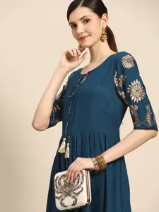 Sangria Blue & Golden Ethnic Motifs Ethnic A-Line Midi Dress