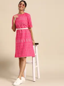 Sangria Pink & White Ethnic Motifs Ethnic A-Line Dress