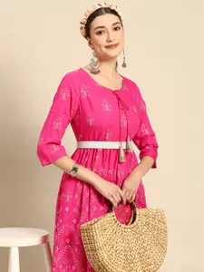 Sangria Women Pink & Golden Printed Tie-Up Neck A-Line Dress