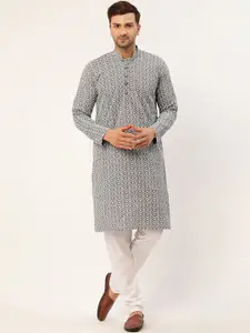 Jompers Men Grey Chikankari Pure Cotton Kurta with Churidar