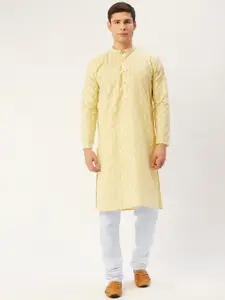 Jompers Men Yellow Angrakha Kurta with Pyjamas
