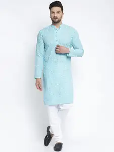 Jompers Men Sky Blue & White Printed Chikankari Pure Cotton Kurta with Churidar