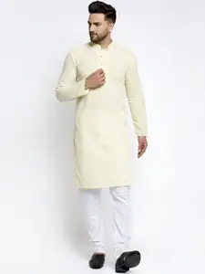 Jompers Men Yellow Chikankari Pure Cotton Kurta with Pyjamas