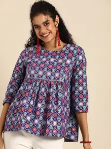 Sangria Blue Ethnic Print Pleated Pure Cotton A-line Top