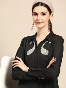 Sangria Black Embellished Shirt Style Longline Top
