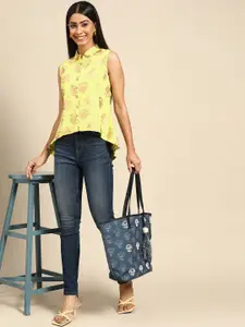 Sangria Lime Green & Golden Floral Print Shirt Style Top