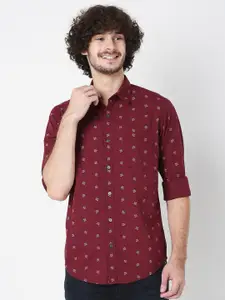 Mufti Men Maroon Classic Slim Fit Printed Pure Cotton Casual Shirt