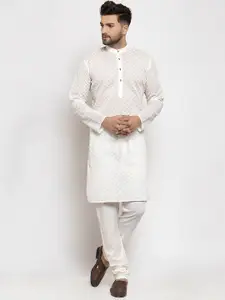 Jompers Men Cream-Coloured Printed Chikankari Pure Cotton Kurta with Churidar