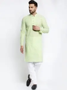 Jompers Men Green Embroidered Chikankari Pure Cotton Kurta with Pyjamas