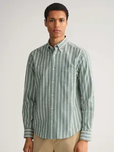 GANT Men Green Striped Cotton Classic Casual Shirt