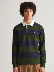 GANT Men Green, Blue Striped Polo Collar Regular Fit T-shirt