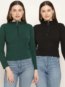 Miaz Lifestyle Women Black & Green Pack of 2 Fitted Top