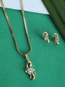 Bhana Fashion Gold-Plated White AD Stone Studded Pendant With Chain & Earrings