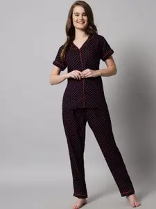 SEPHANI Women Navy Blue & Red Printed Cotton Night suit SP-NBLUE-ORG-1793
