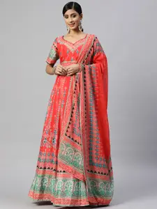 Readiprint Fashions Red & Green Printed Semi-Stitched Lehenga & Unstitched Blouse With Dupatta