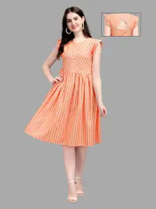Kinjo Orange & White Striped Casual Fit and Flare Dress