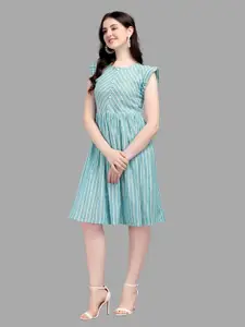 Kinjo Turquoise Blue Printed Cotton Striped Dress