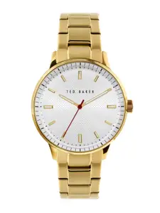 Ted Baker Men Silver-Toned Patterned Dial & Gold Toned Stainless Steel Bracelet Style Straps Analogue Watch