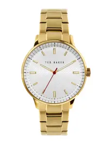 Ted Baker Men Silver-Toned Patterned Dial & Gold Toned Stainless Steel Bracelet Style Straps Analogue Watch