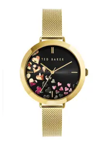 Ted Baker Women Black Printed Dial & Gold Toned Bracelet Style Straps Analogue Watch