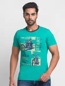 Globus Men Sea Green & Blue Biker Printed Applique Pure Cotton T-shirt